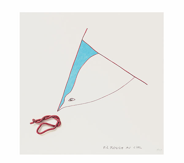 Fil rouge au ciel, 2010, collage et dessin sur papier cartonné, 21 x 21 cm