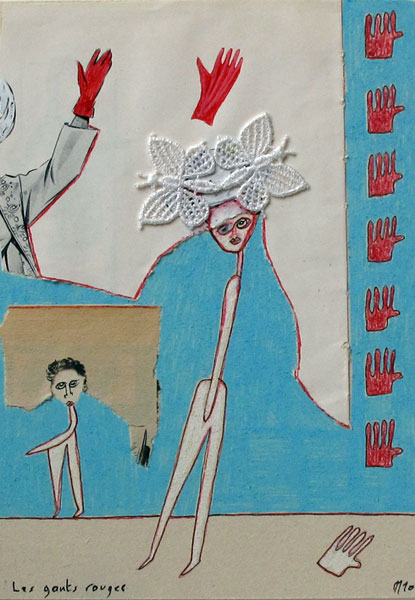 Les gants rouges, dessin et collage, 19.5x24.5 cm encadré, 2010